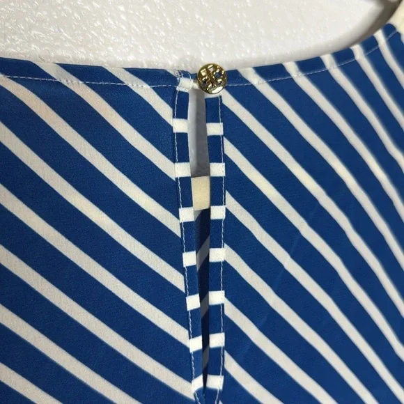 NWT Tory Burch Silk Blue White Striped Sheer Short Sleeve Blouse M $295 MSRP - Picture 4 of 5